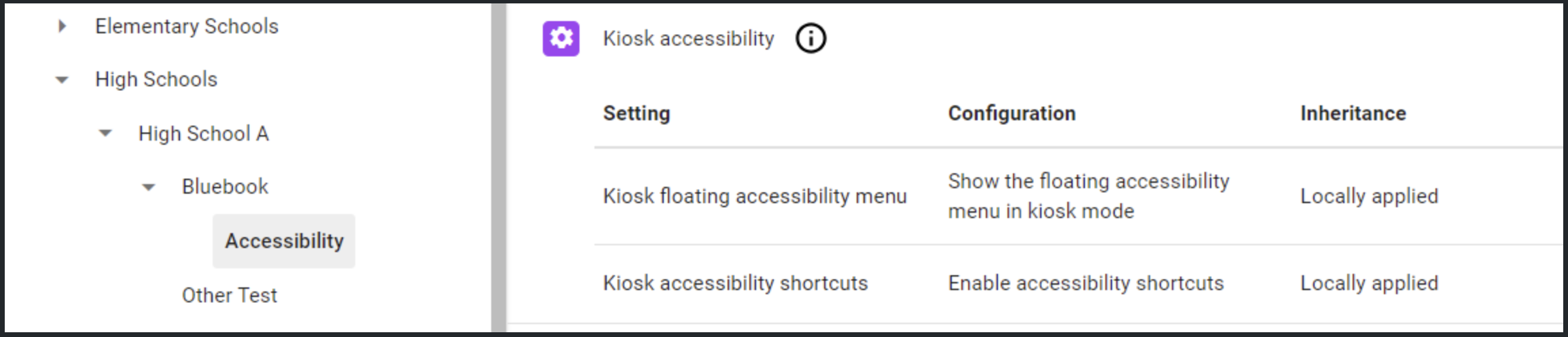 Figure 2 is a screenshot showing the Google admin console for High School A. The Bluebook organizational unit is expanded to show a child organizational unit called Accessibility. This organizational unit is configured to show the floating accessibility menu and enable accessibility shortcuts.