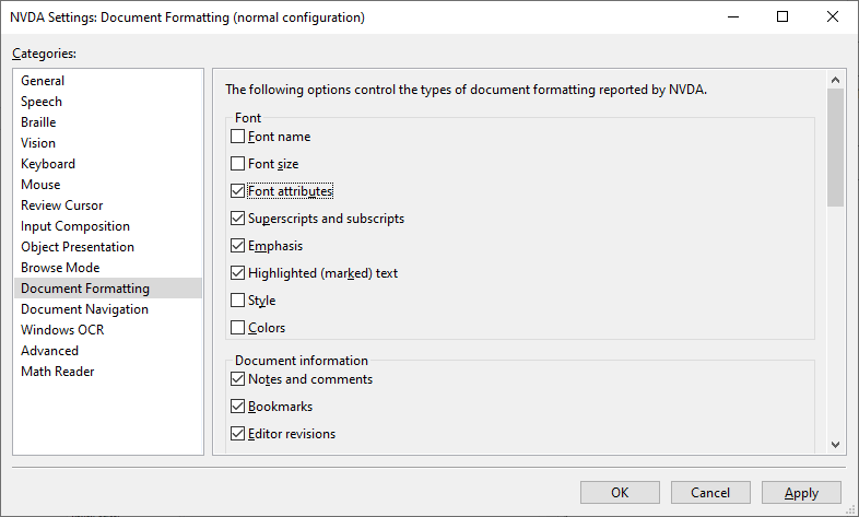 The Document Formatting category in the NVDA Settings lets users choose from various font attributes.
