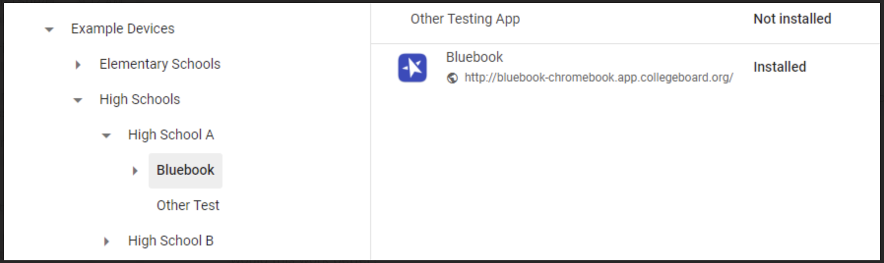Figure 3 is a screenshot showing the Google admin console for High School A. The Other Testing App has been uninstalled from devices in the Bluebook organizational unit.