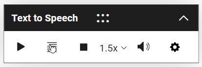 Bluebook TTS tool with options that include Play all. Click mode, Stop, Speed, Volume and Settings