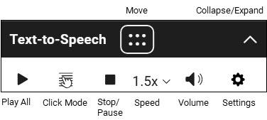 The Bluebook embedded Text-to-Speech tool with features that include, Paly All, Click Mode, Stop/Pause, Speed, Volume, Settings, Move and Collapse/Expand.